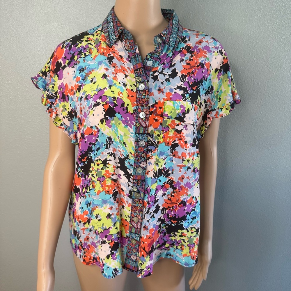 Nanette Lepore Multicolor Button Down Shirt short sleeve ruffles Sz 12
